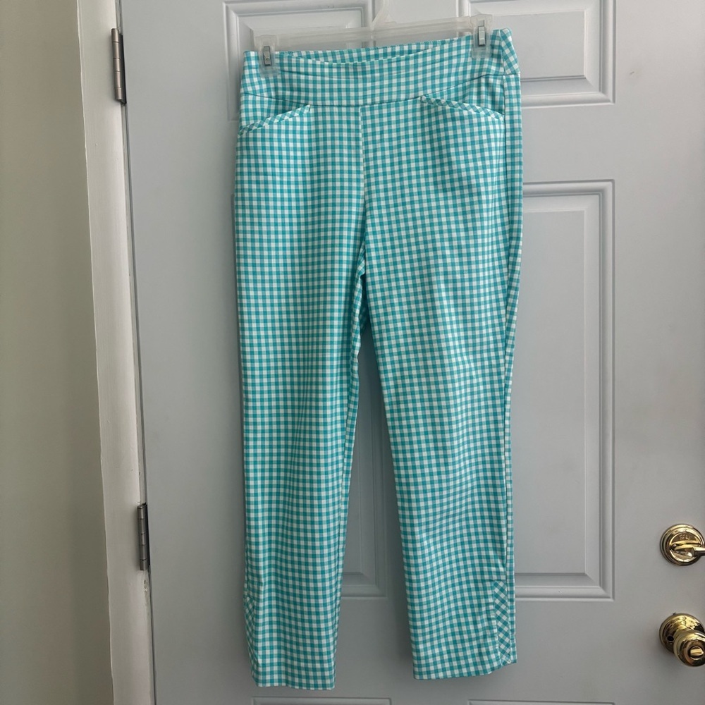 Chico’s Perfect Stretch Gingham Dream Print Slim Ankle Pants, Size Medium